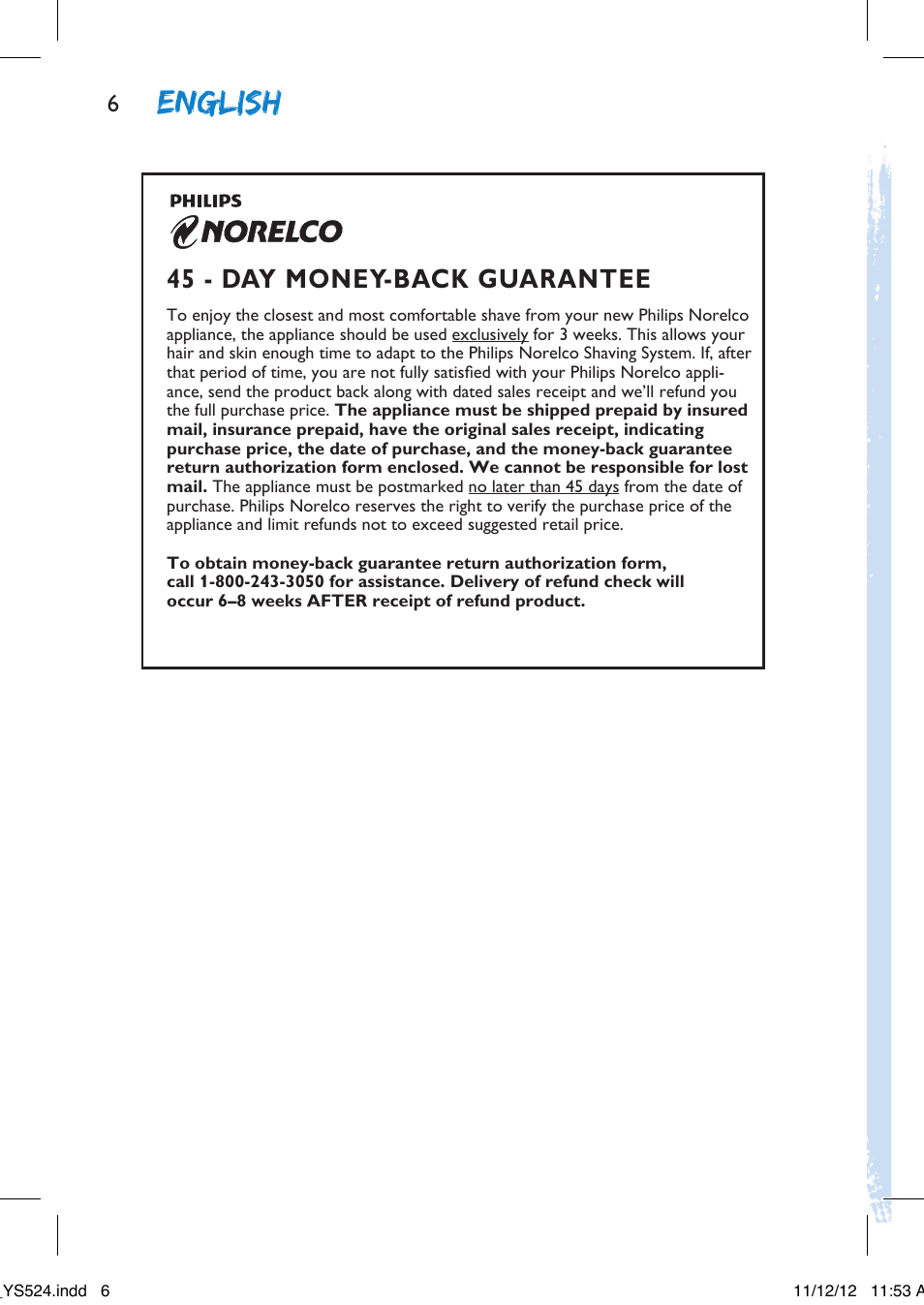 English, 45 - day money-back guarantee | Philips YS524-41 User Manual | Page 6 / 52