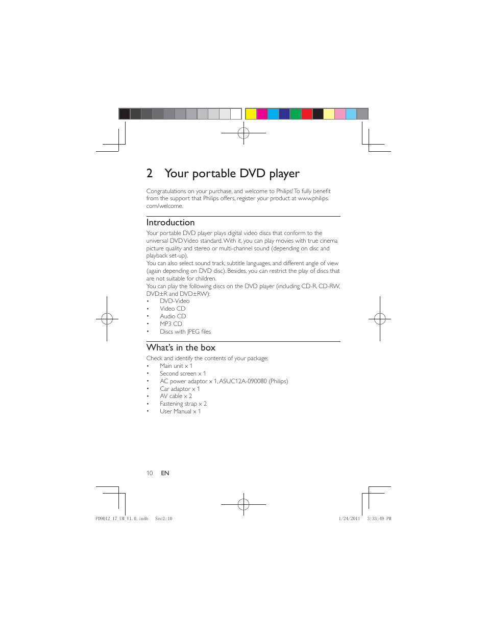 2 your portable dvd player, Introduction, What’s in the box | Philips PD9012-17 User Manual | Page 10 / 24