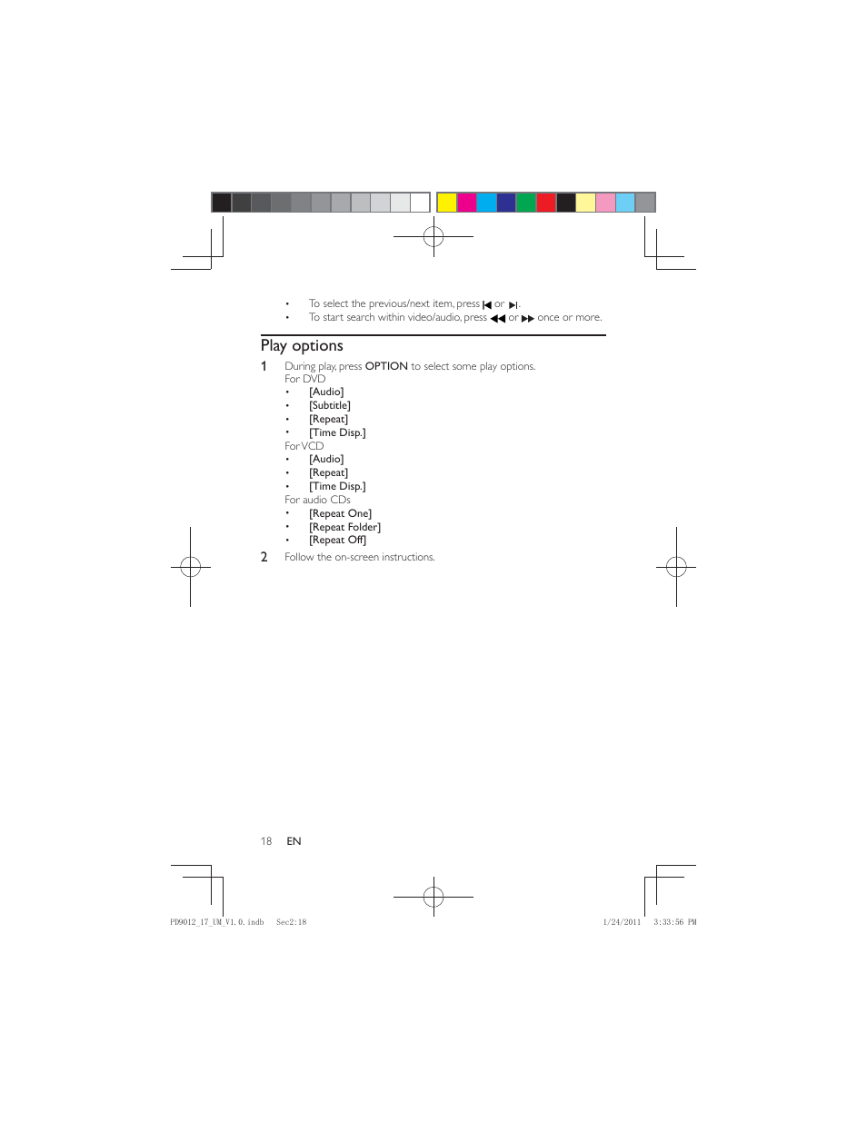 Play options | Philips PD9012-17 User Manual | Page 18 / 24