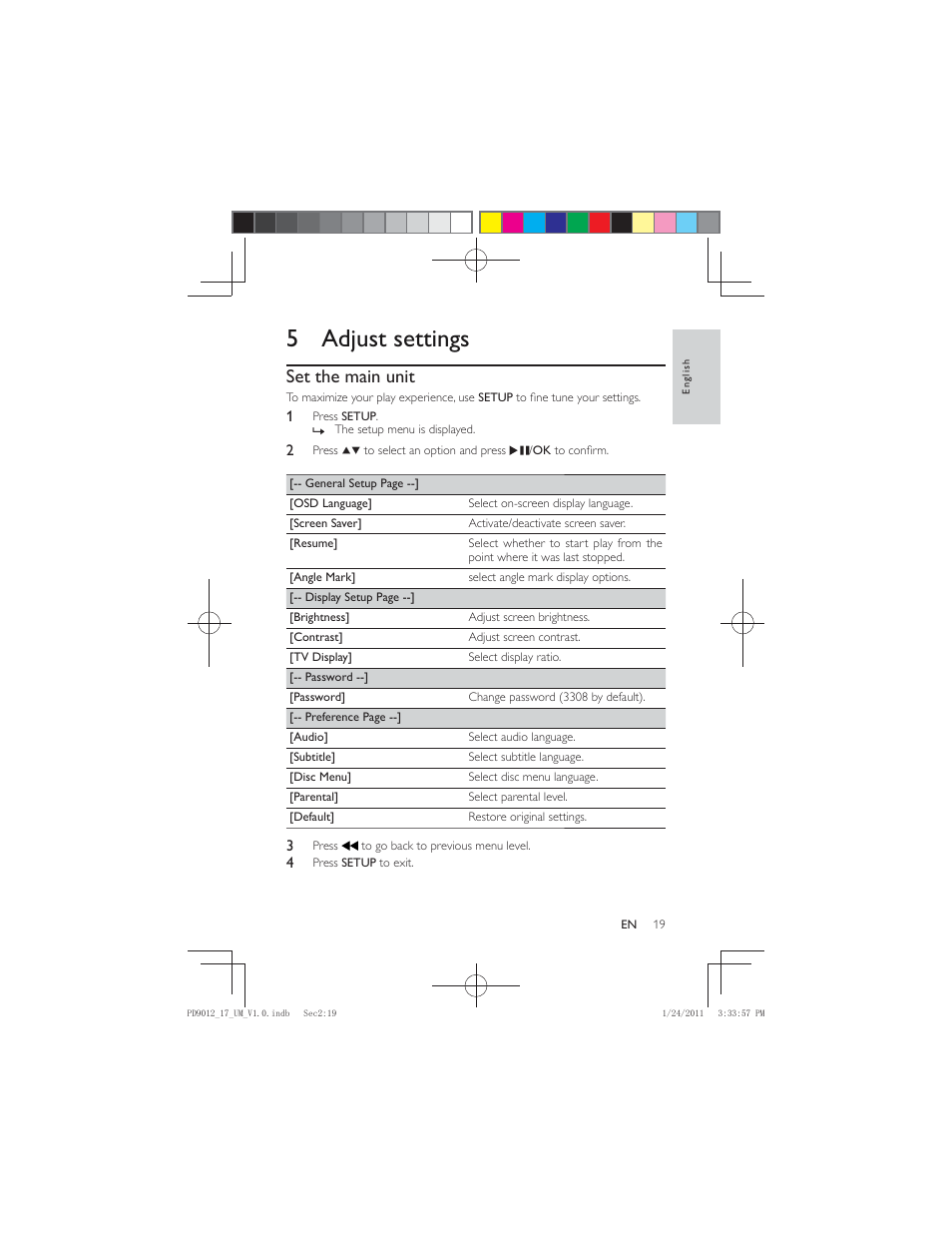 5 adjust settings, Set the main unit | Philips PD9012-17 User Manual | Page 19 / 24