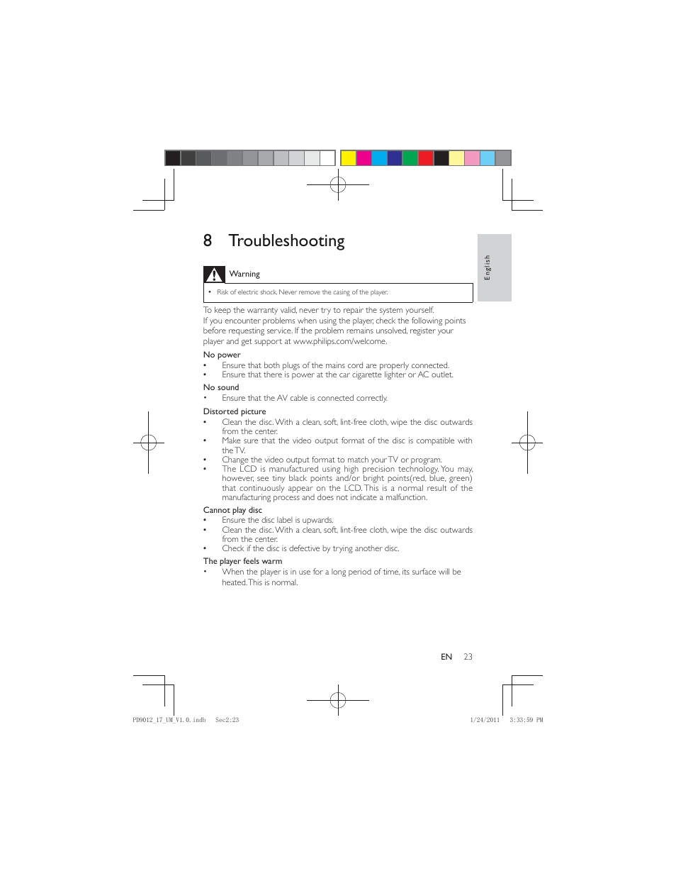 8 troubleshooting | Philips PD9012-17 User Manual | Page 23 / 24