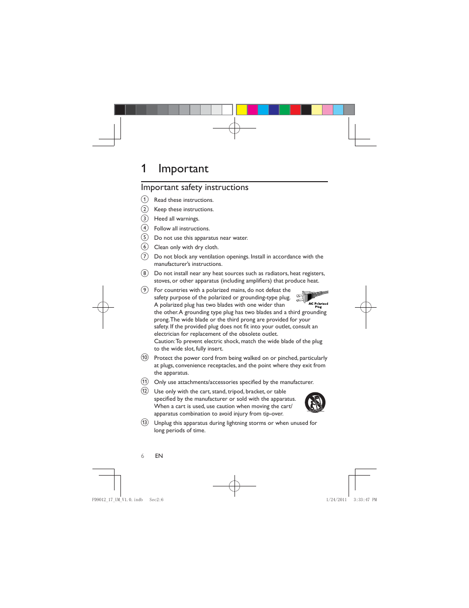 1 important, Important safety instructions | Philips PD9012-17 User Manual | Page 6 / 24