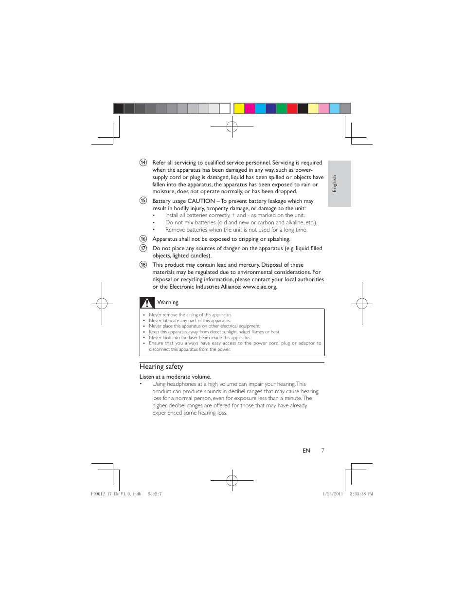 Hearing safety | Philips PD9012-17 User Manual | Page 7 / 24