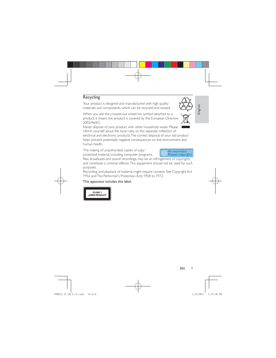 Recycling | Philips PD9012-17 User Manual | Page 9 / 24