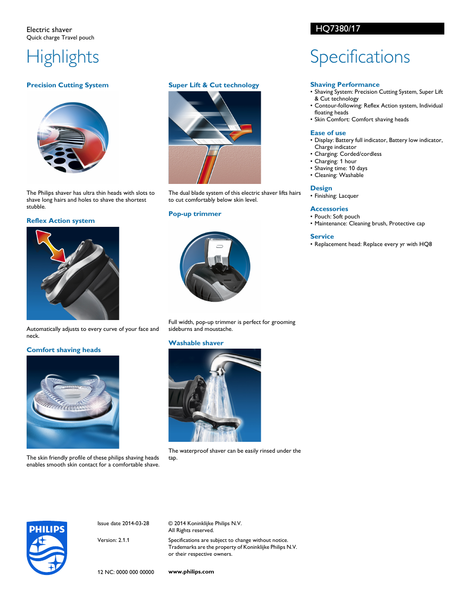 Highlights, Specifications | Philips HQ7380-17 User Manual | Page 2 / 2