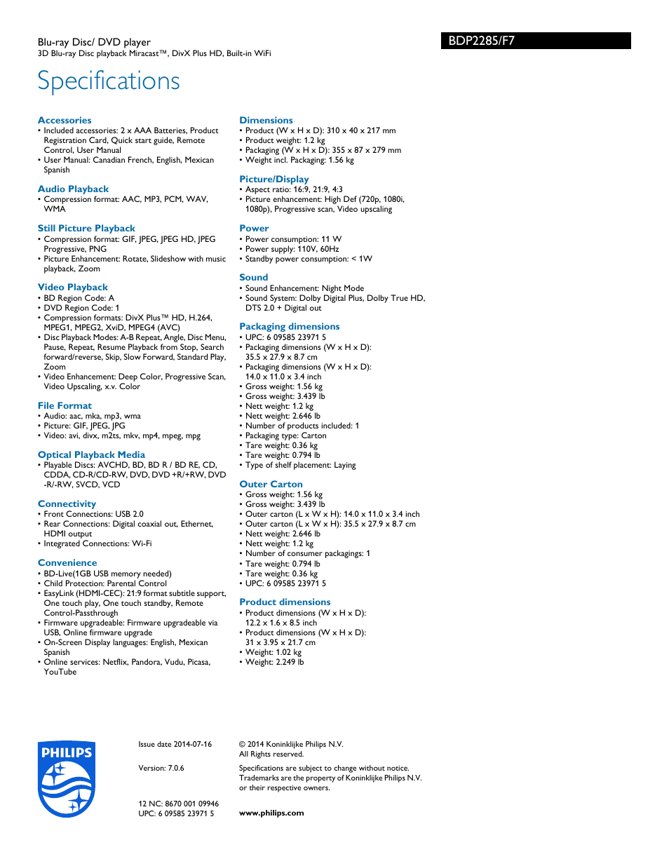 Specifications | Philips BDP2285-F7 User Manual | Page 3 / 3