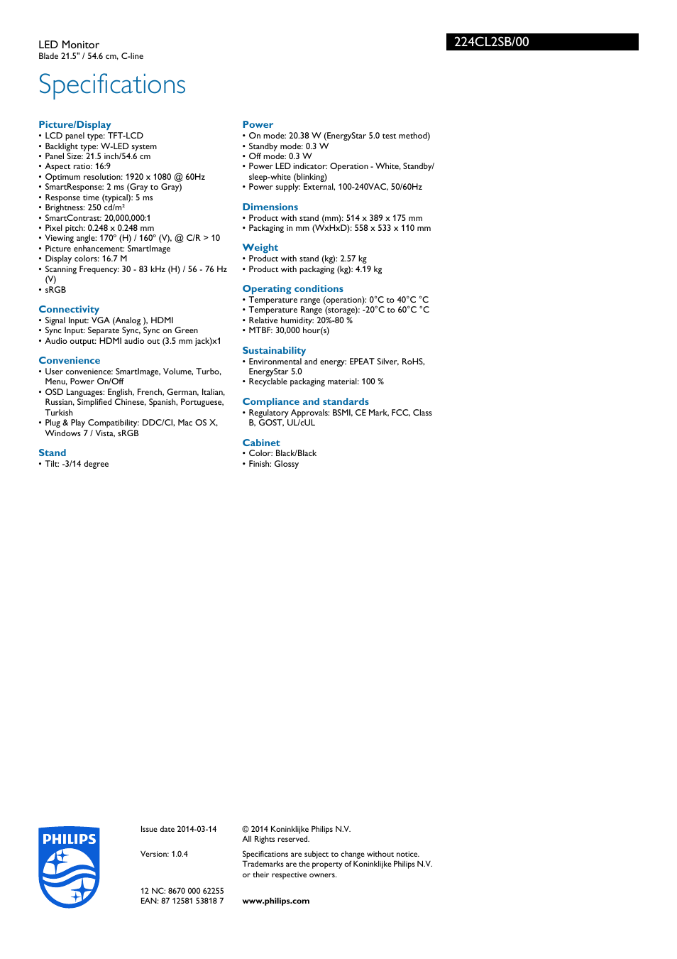 Specifications | Philips 224CL2SB-00 User Manual | Page 3 / 3