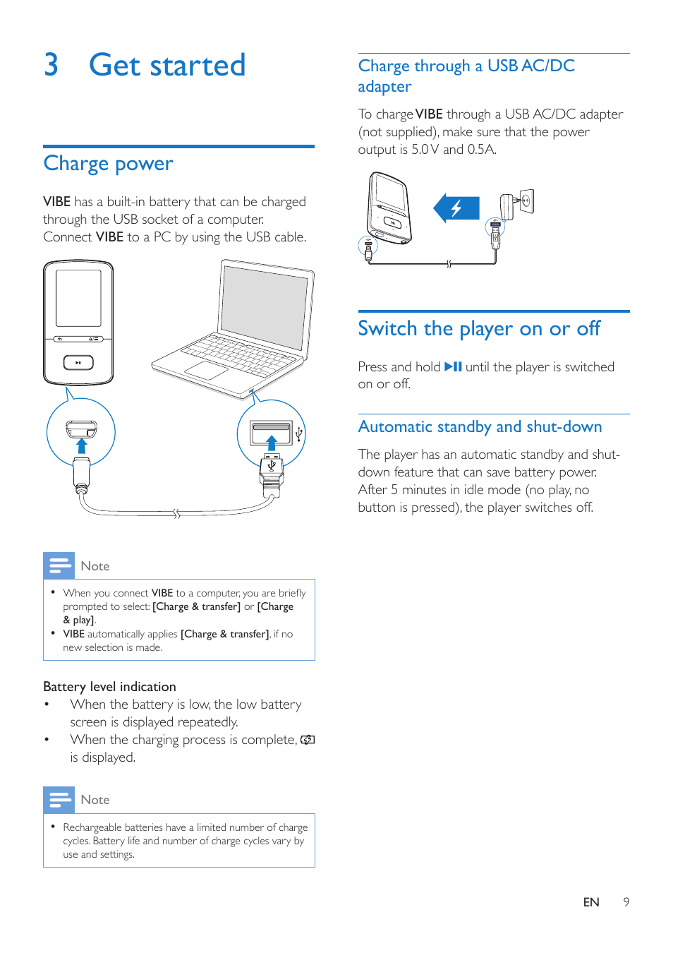 3 get started, Charge power, Charge through a usb ac/dc adapter | Switch the player on or off, Automatic standby and shut-down, Charge through a usb ac/dc, Adapter 9 | Philips SA4VBE04KF-37 User Manual | Page 11 / 30