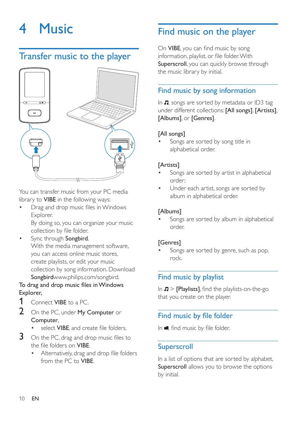 4 music, Transfer music to the player, Find music on the player | Find music by song information, Find music by playlist, Find music by file folder, Superscroll, Superscroll 10 | Philips SA4VBE04KF-37 User Manual | Page 12 / 30