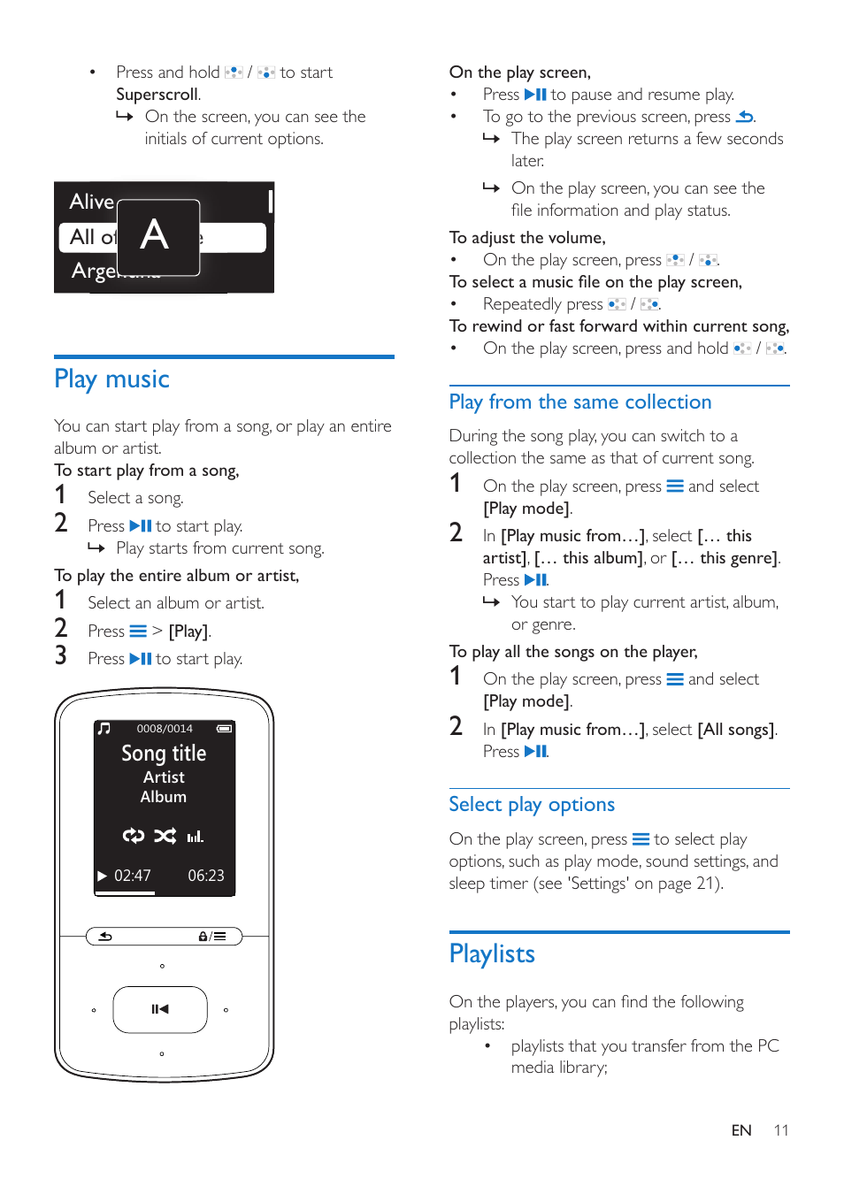 Play music, Play from the same collection, Select play options | Playlists, Playlists 11 | Philips SA4VBE04KF-37 User Manual | Page 13 / 30