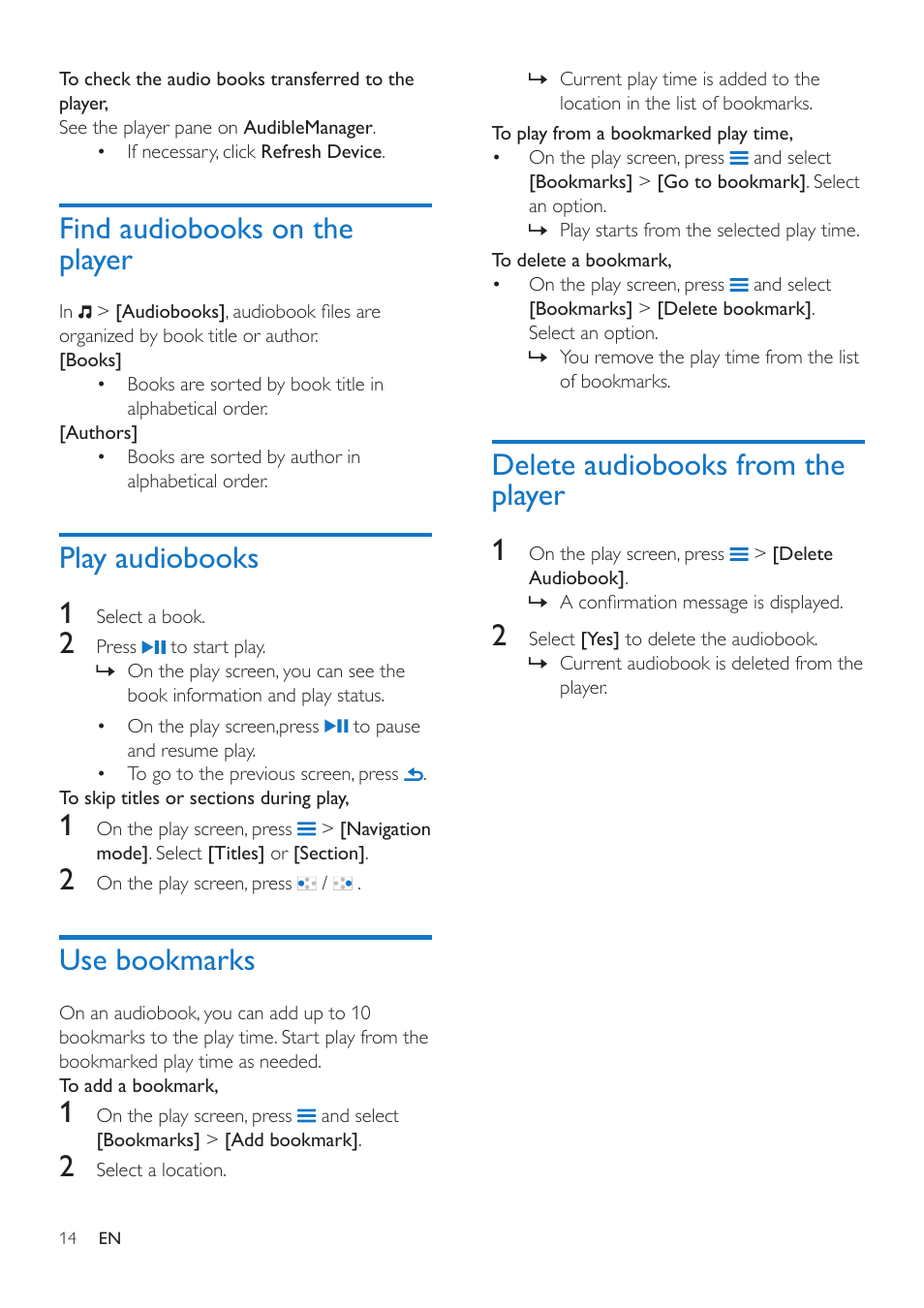 Find audiobooks on the player, Play audiobooks, Use bookmarks | Delete audiobooks from the player, Play audiobooks 1, Delete audiobooks from the player 1 | Philips SA4VBE04KF-37 User Manual | Page 16 / 30