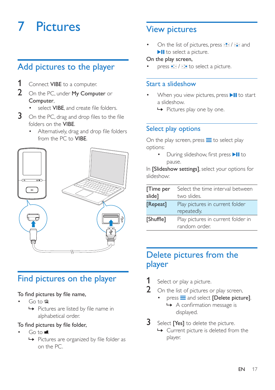 7 pictures, Add pictures to the player, Find pictures on the player | View pictures, Start a slideshow, Select play options, Delete pictures from the player | Philips SA4VBE04KF-37 User Manual | Page 19 / 30