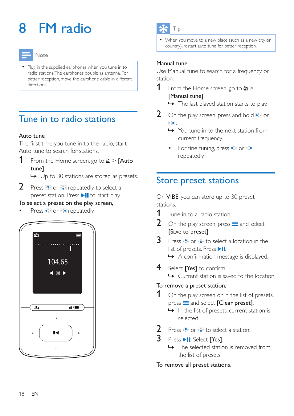 8 fm radio, Tune in to radio stations, Store preset stations | Philips SA4VBE04KF-37 User Manual | Page 20 / 30