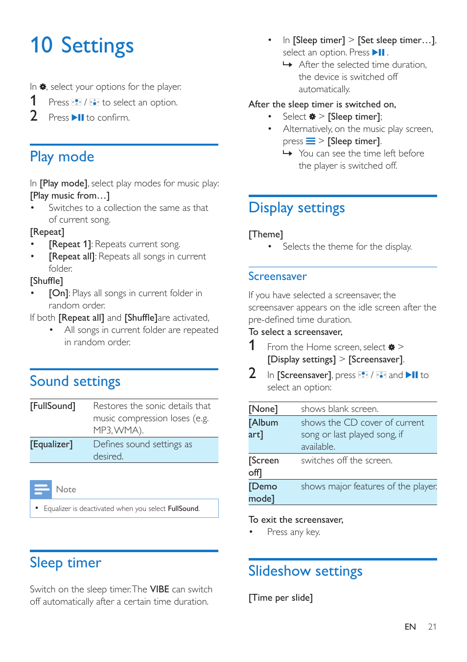 10 settings, Play mode, Sound settings | Sleep timer, Display settings, Screensaver, Slideshow settings, Screensaver 21 | Philips SA4VBE04KF-37 User Manual | Page 23 / 30