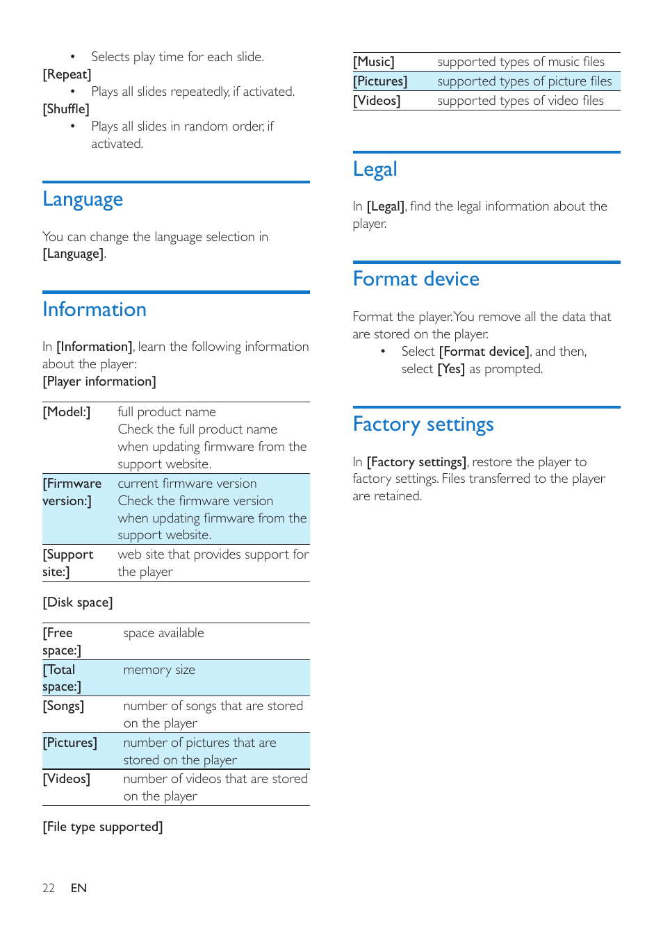 Language, Information, Legal | Format device, Factory settings, Language 22, Information 22, Legal 22 | Philips SA4VBE04KF-37 User Manual | Page 24 / 30