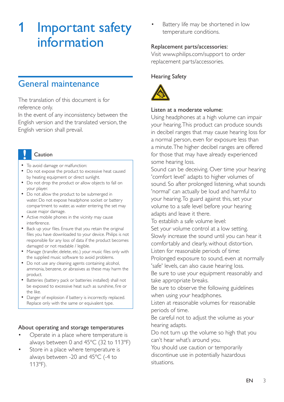 1 important safety information, General maintenance | Philips SA4VBE04KF-37 User Manual | Page 5 / 30