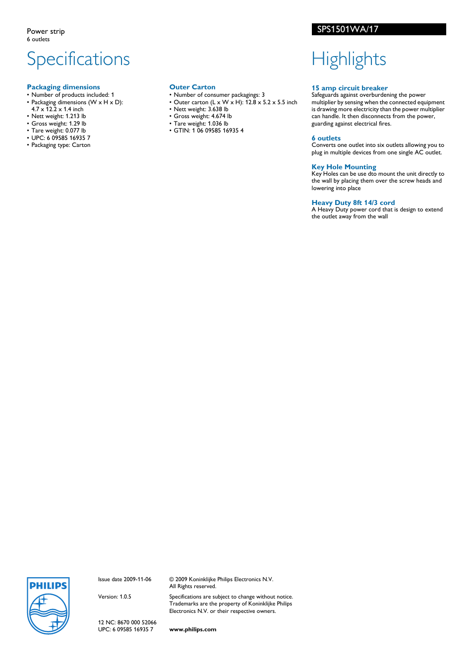 Specifications, Highlights | Philips SPS1501WA-17 User Manual | Page 2 / 2