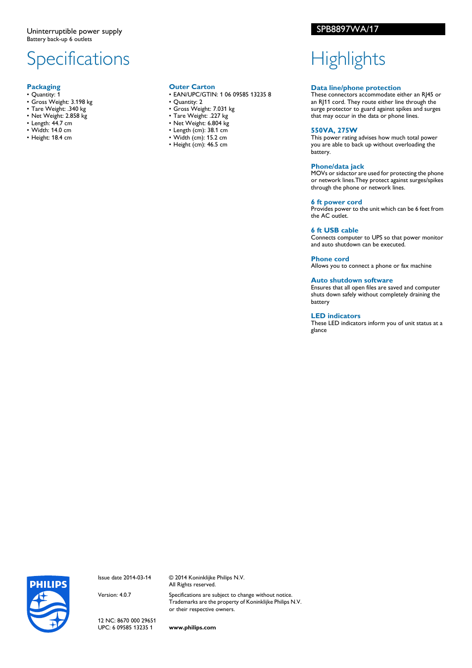 Specifications, Highlights | Philips SPB8897WA-17 User Manual | Page 2 / 2