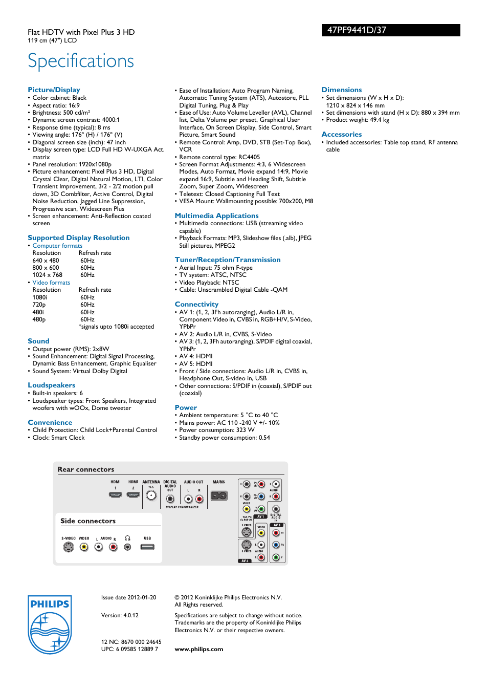 Specifications | Philips 47PF9441D-37 User Manual | Page 3 / 3