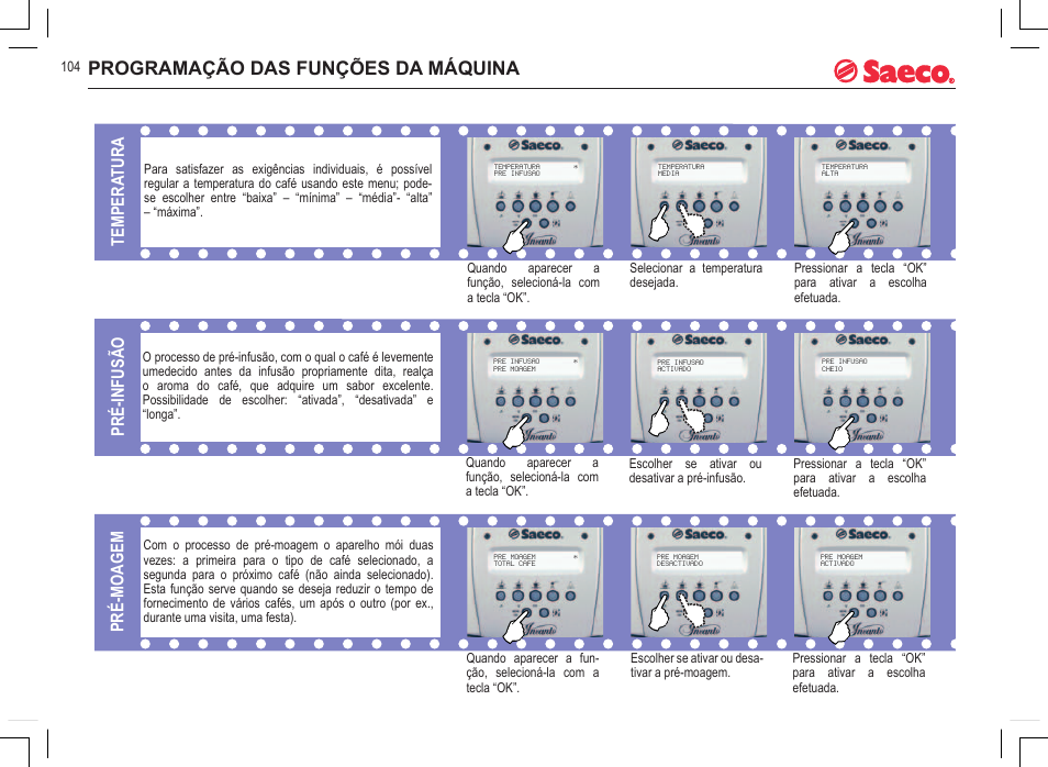 Programação das funções da máquina, Tempera tura, Pré-infusão pré-moagem | Philips 740815008 User Manual | Page 104 / 128