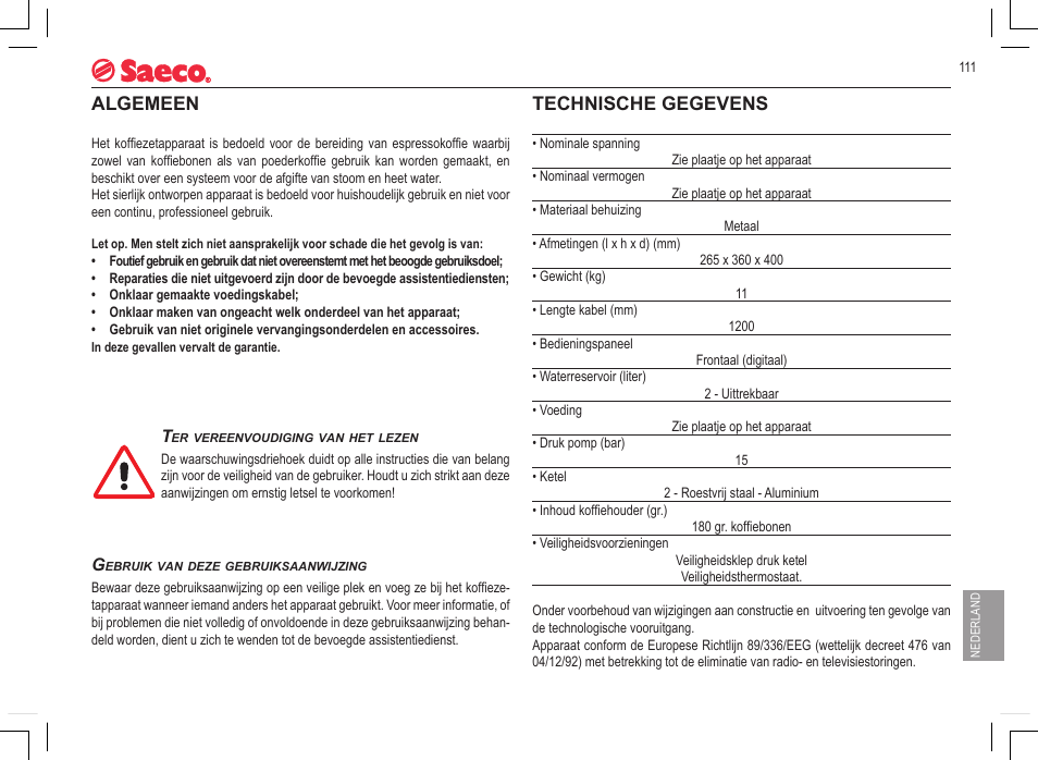Algemeen, Technische gegevens | Philips 740815008 User Manual | Page 111 / 128