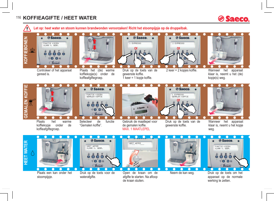 Koffieagifte / heet water, Koffiebonen, Gemalen koffie | Heet w ater | Philips 740815008 User Manual | Page 116 / 128
