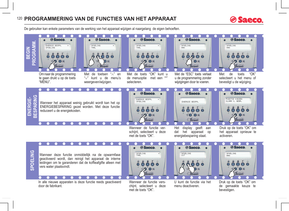 Programmering van de functies van het apparaat, Begin programm, Energie- besp aring | Spoeling | Philips 740815008 User Manual | Page 120 / 128