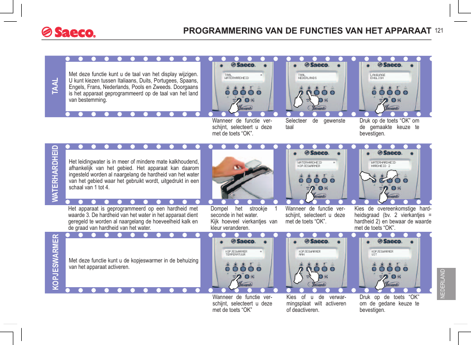 Programmering van de functies van het apparaat, Taal, Waterhardheid | Kopjesw armer | Philips 740815008 User Manual | Page 121 / 128