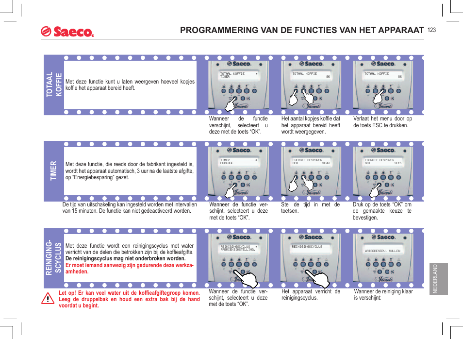 Programmering van de functies van het apparaat, Tot aal koffie, Reiniging- scyclus timer | Philips 740815008 User Manual | Page 123 / 128