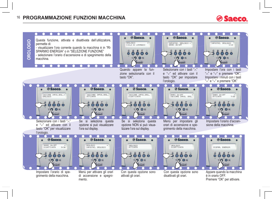Programmazione funzioni macchina, Orologio | Philips 740815008 User Manual | Page 16 / 128
