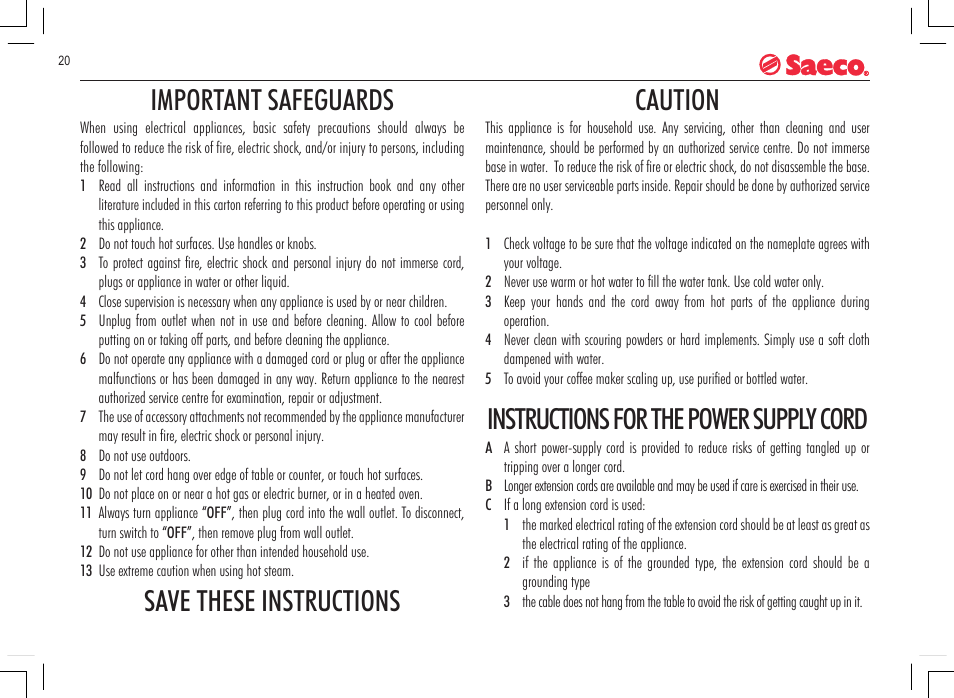 Important safeguards, Save these instructions caution, Instructions for the power supply cord | Philips 740815008 User Manual | Page 20 / 128