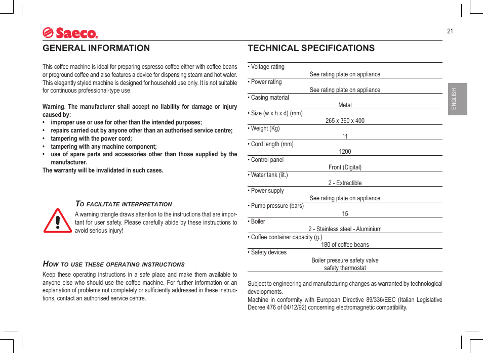 General information, Technical specifications | Philips 740815008 User Manual | Page 21 / 128