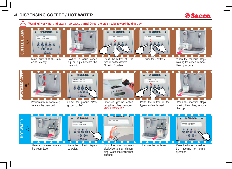 Dispensing coffee / hot water, Hot w ater, Coffee beans pr eg ro un d co ff ee | Philips 740815008 User Manual | Page 26 / 128