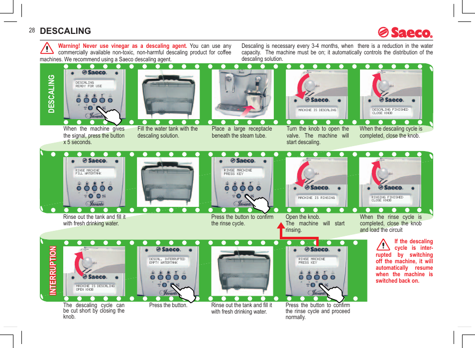 Descaling, Descaling interruption | Philips 740815008 User Manual | Page 28 / 128