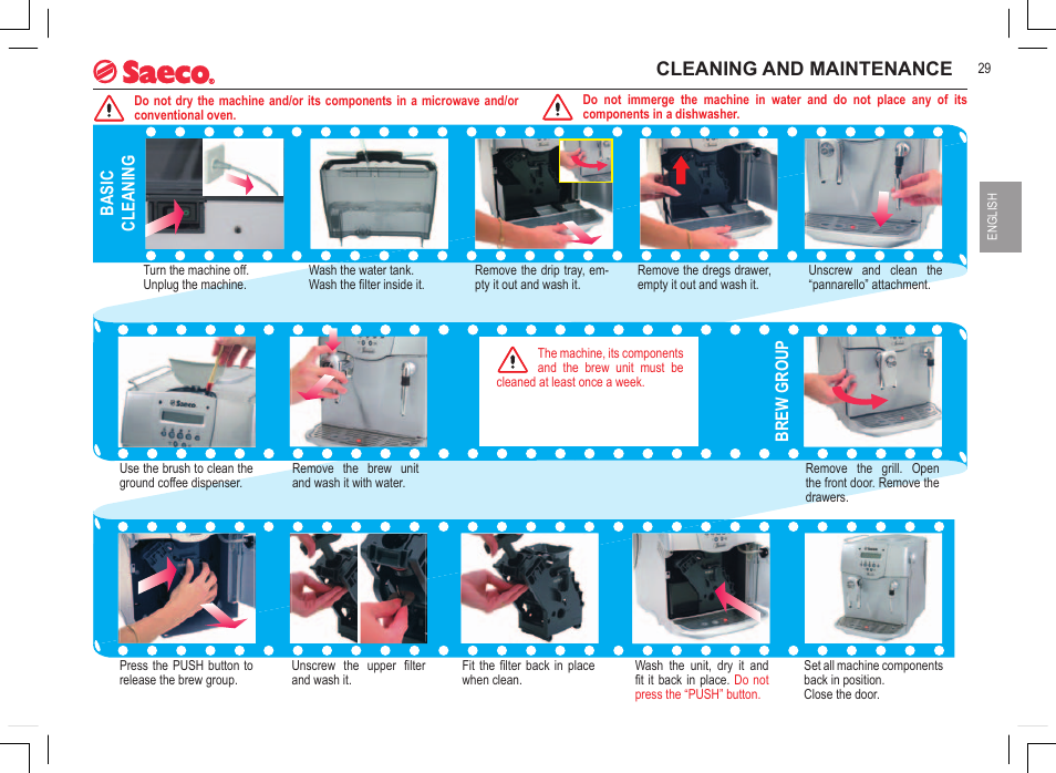 Cleaning and maintenance, Basic cleaning, Brew group | Philips 740815008 User Manual | Page 29 / 128