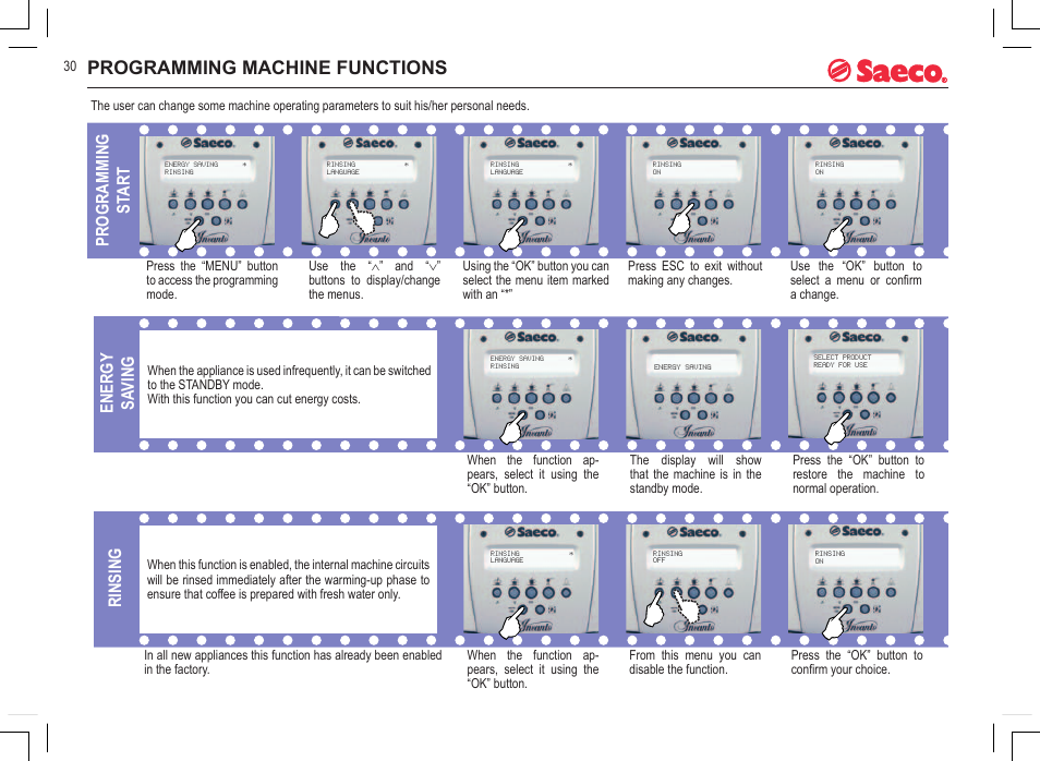 Programming machine functions, Programming st art energy sa ving rinsing | Philips 740815008 User Manual | Page 30 / 128