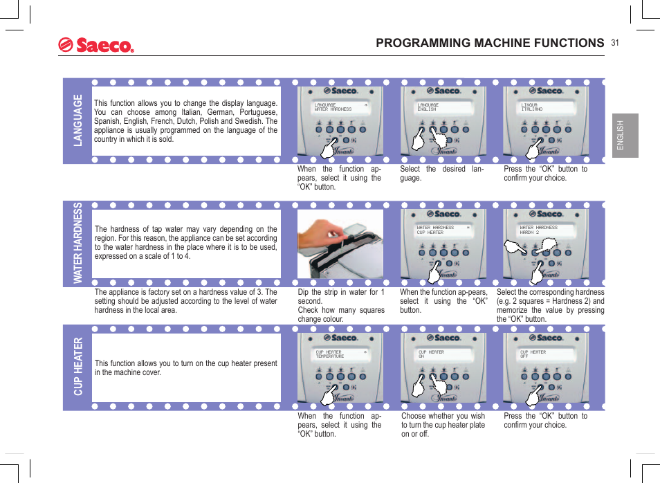 Programming machine functions, Language, Wat er h ar dn es s | Cup hea ter | Philips 740815008 User Manual | Page 31 / 128