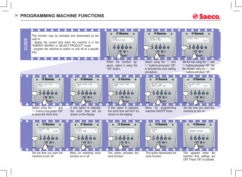 Programming machine functions, Clock | Philips 740815008 User Manual | Page 34 / 128