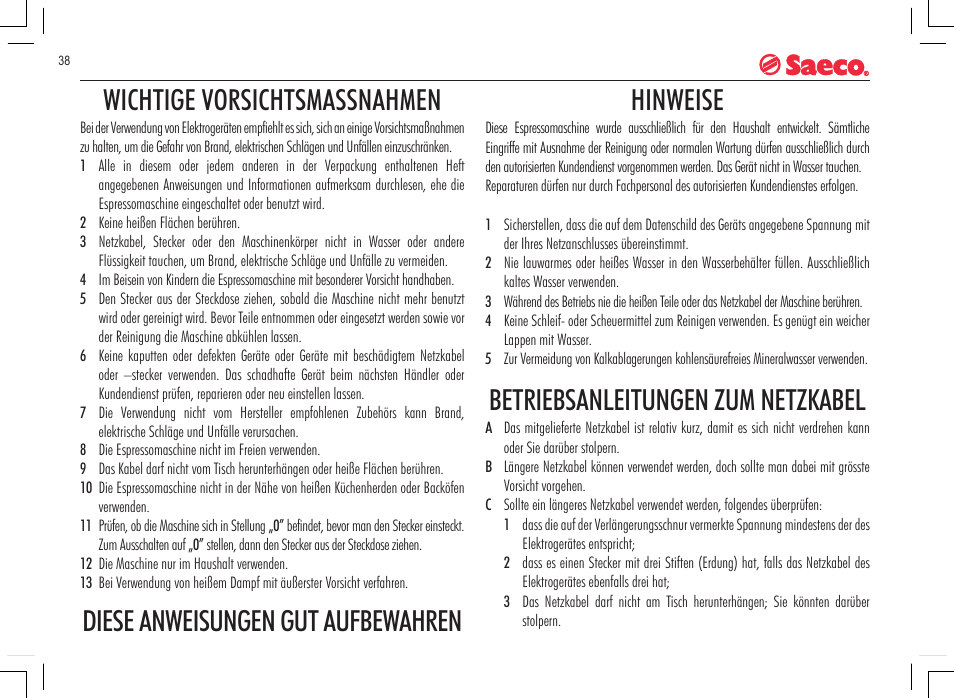 Wichtige vorsichtsmassnahmen, Diese anweisungen gut aufbewahren hinweise, Betriebsanleitungen zum netzkabel | Philips 740815008 User Manual | Page 38 / 128