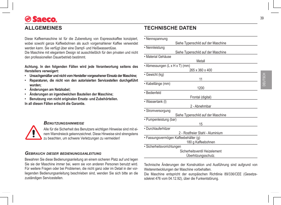 Allgemeines, Technische daten | Philips 740815008 User Manual | Page 39 / 128