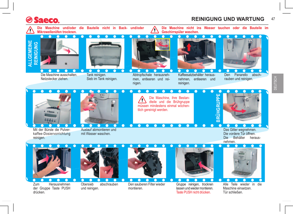 Reinigung und wartung, Allgemeine reinigung, Brühgruppe | Philips 740815008 User Manual | Page 47 / 128