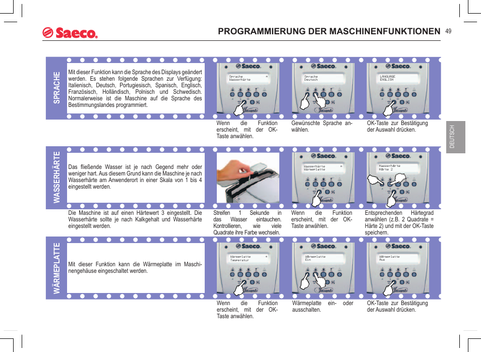 Programmierung der maschinenfunktionen, Sprache, Wasserhärte | Wärmepla tte | Philips 740815008 User Manual | Page 49 / 128