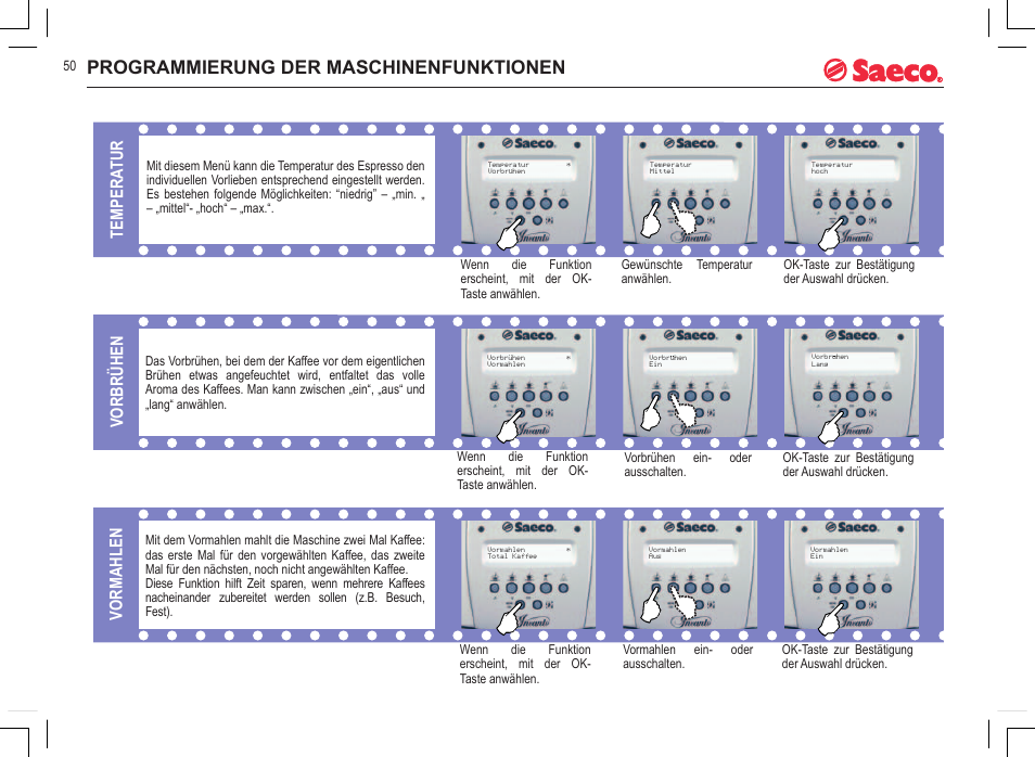 Programmierung der maschinenfunktionen, Tempera tur, Vorbrühen vormahlen | Philips 740815008 User Manual | Page 50 / 128