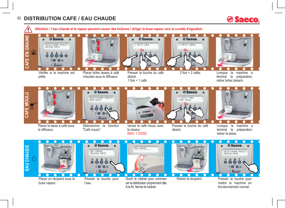 Distribution cafe / eau chaude, Cafe en grains cafe moulu, Eau chaude | Philips 740815008 User Manual | Page 62 / 128