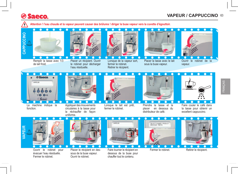 Vapeur / cappuccino, Vapeur, Cappuccino | Philips 740815008 User Manual | Page 63 / 128