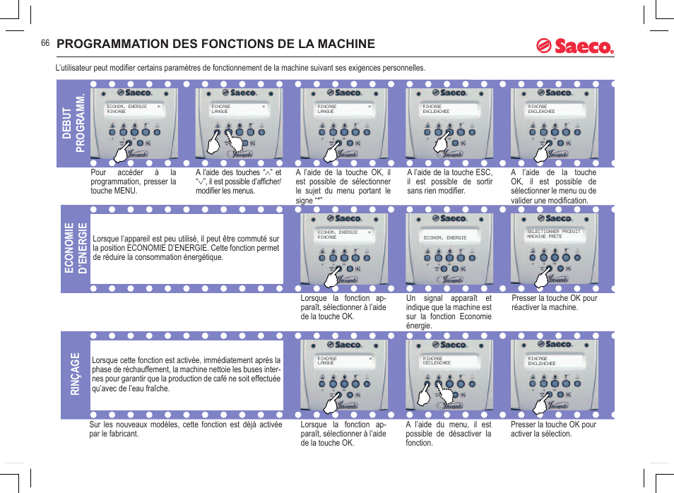 Programmation des fonctions de la machine, Debut programm. economie d’energie rinçage | Philips 740815008 User Manual | Page 66 / 128