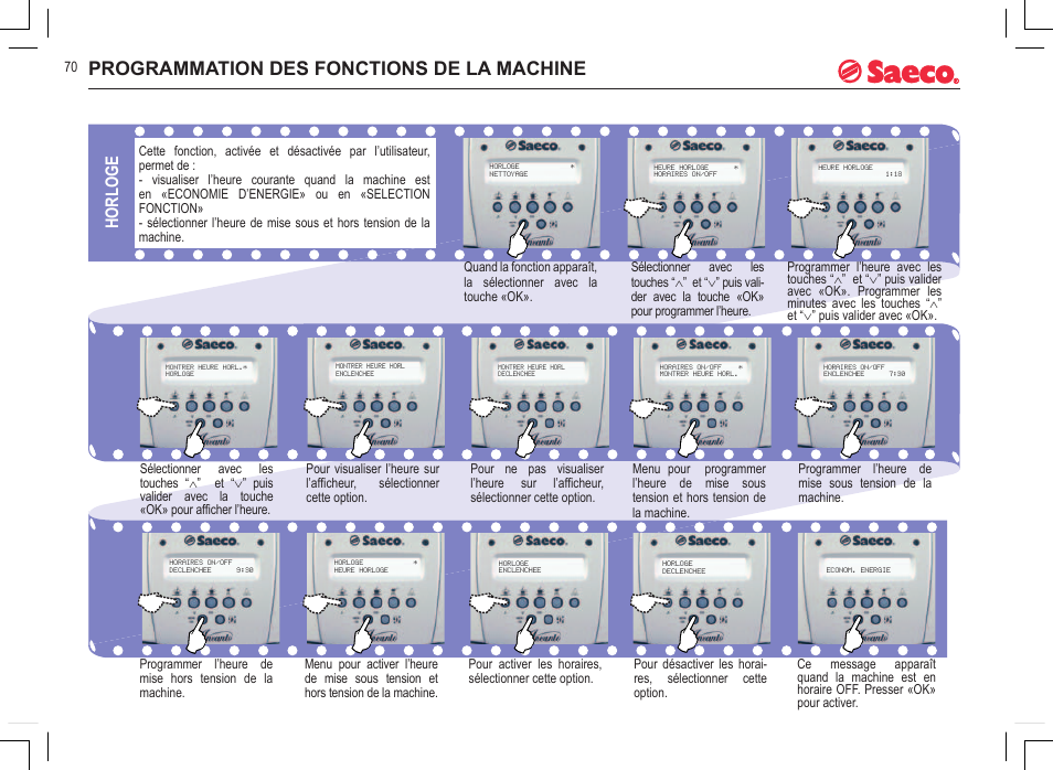 Programmation des fonctions de la machine, Horloge | Philips 740815008 User Manual | Page 70 / 128