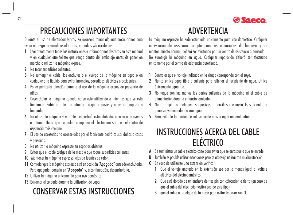 Precauciones importantes, Conservar estas instrucciones advertencia, Instrucciones acerca del cable eléctrico | Philips 740815008 User Manual | Page 74 / 128