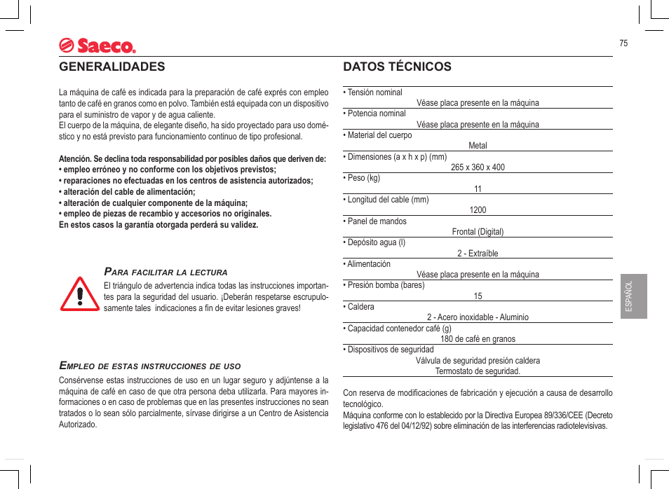 Generalidades, Datos técnicos | Philips 740815008 User Manual | Page 75 / 128