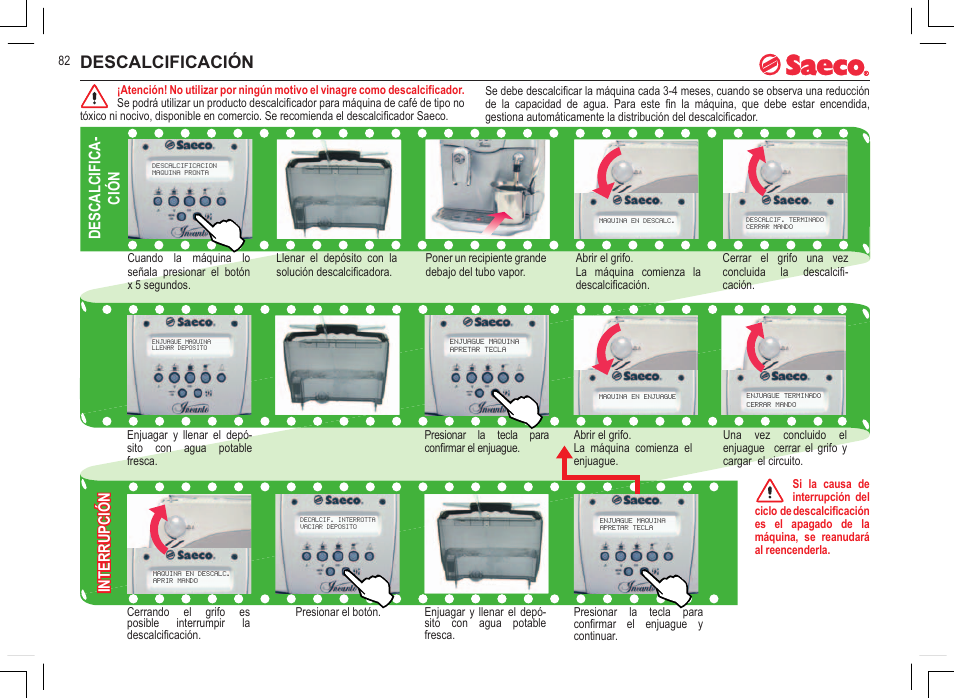 Descalcificación, Descalcifica- ción interrupción | Philips 740815008 User Manual | Page 82 / 128